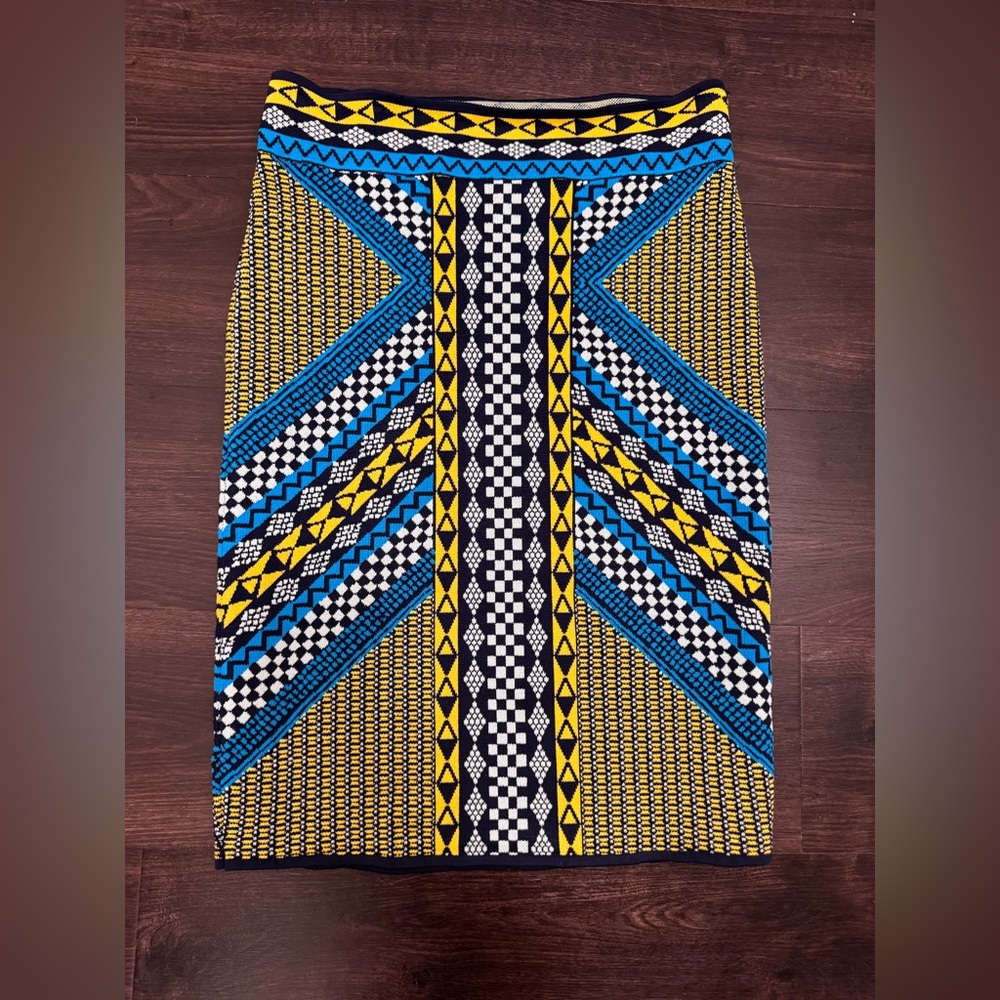 BCBGMaxAzria Blue and Yellow Geometric Bodycon Pencil Skirt